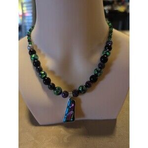 Dichroic Lampwork Sterling With Silver Tone Chain Green Purple Ooak Necklace
